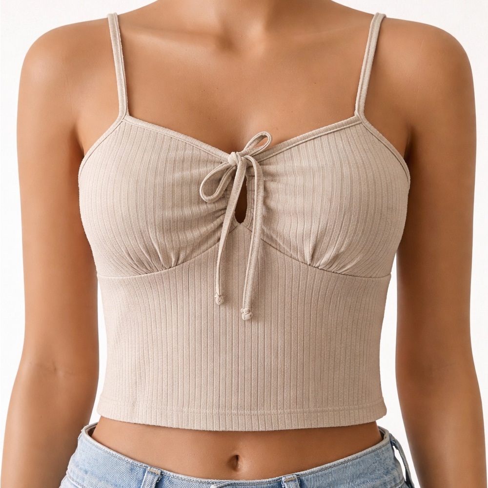 Stylish Beige Ribbed Crop Top with Tie-Front crop tank top